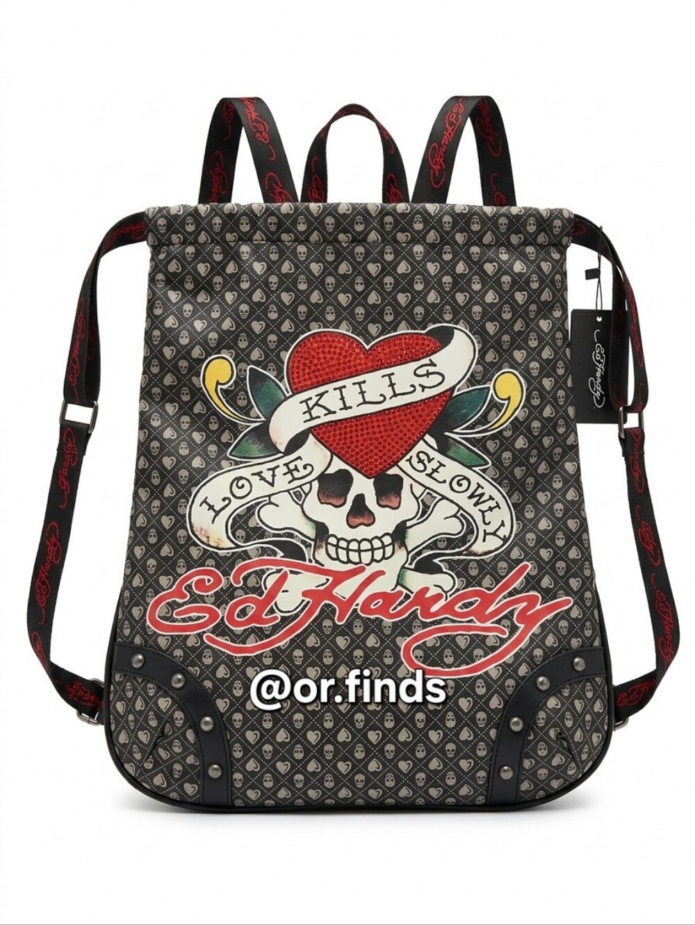 Ed Hardy "Love Kills Slowly" Y2K Drawstring Backpack Red Rhinestone Heart Skull